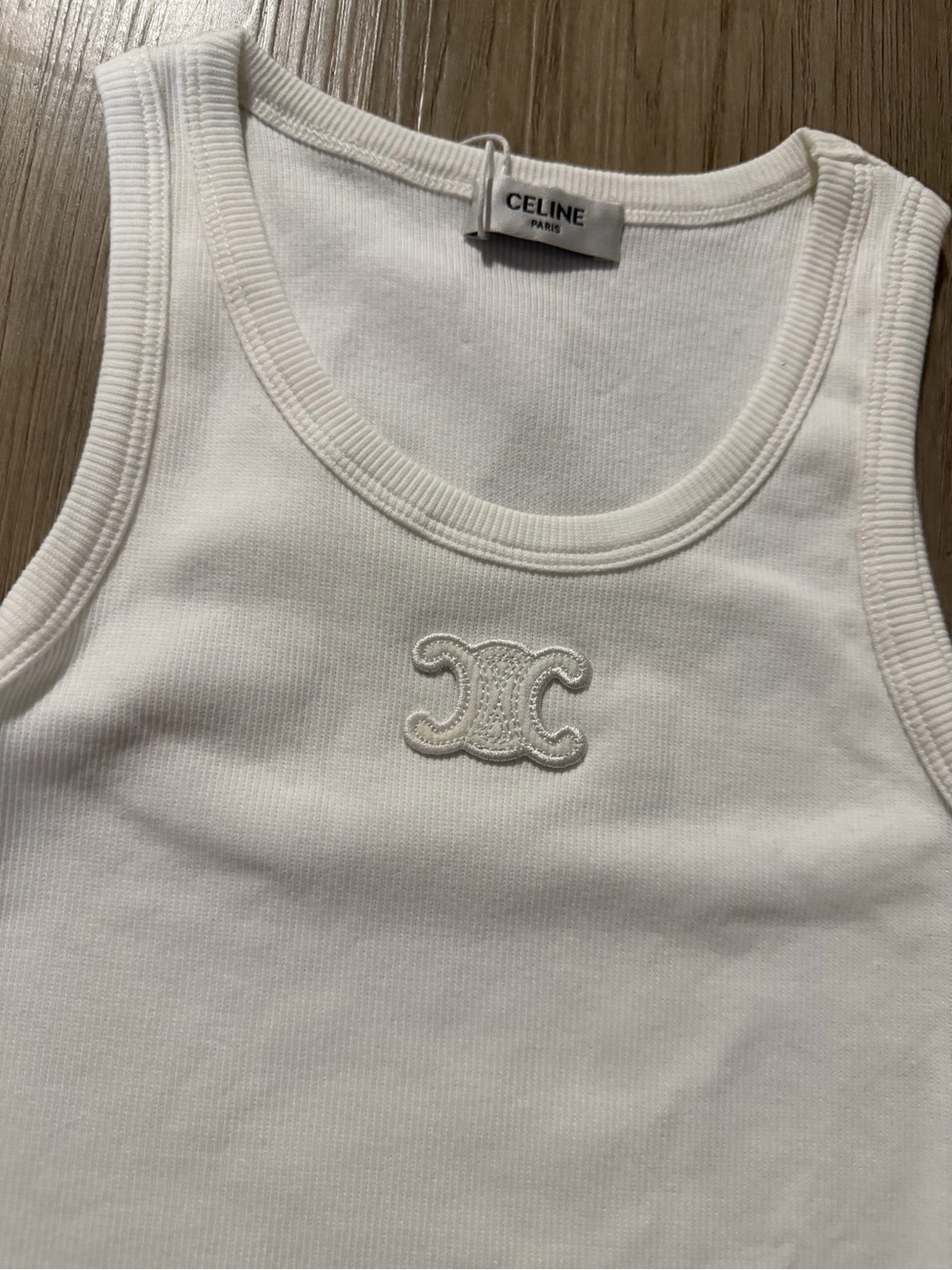 Celine White Ribbed Muscle Tank with Embroidered Logo - Picture 2 of 4